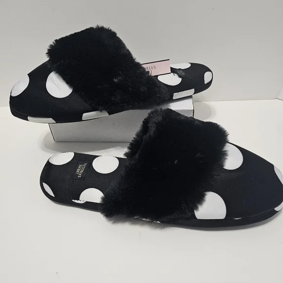 Victoria's Secret Black And White Polka Dot Slippers Sz S - Picture 2 of 6